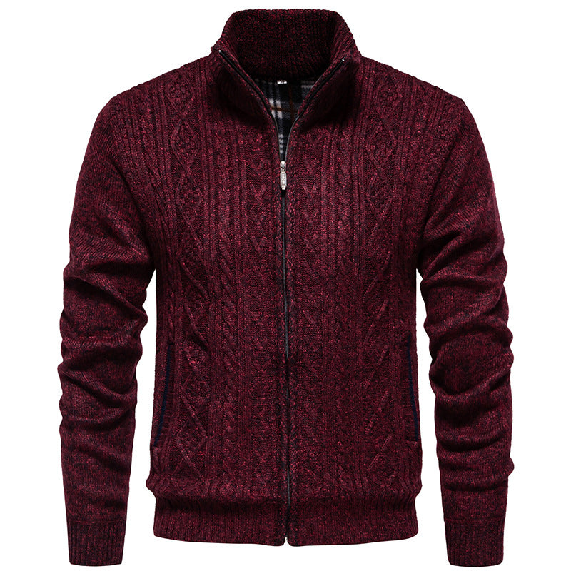 Men's Chunky Knit Cardigan with Cable Pattern, Stand-up Collar and Checked Inner Lining