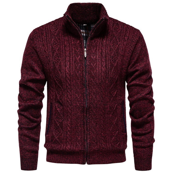 Men's Chunky Knit Cardigan with Cable Pattern, Stand-up Collar and Checked Inner Lining