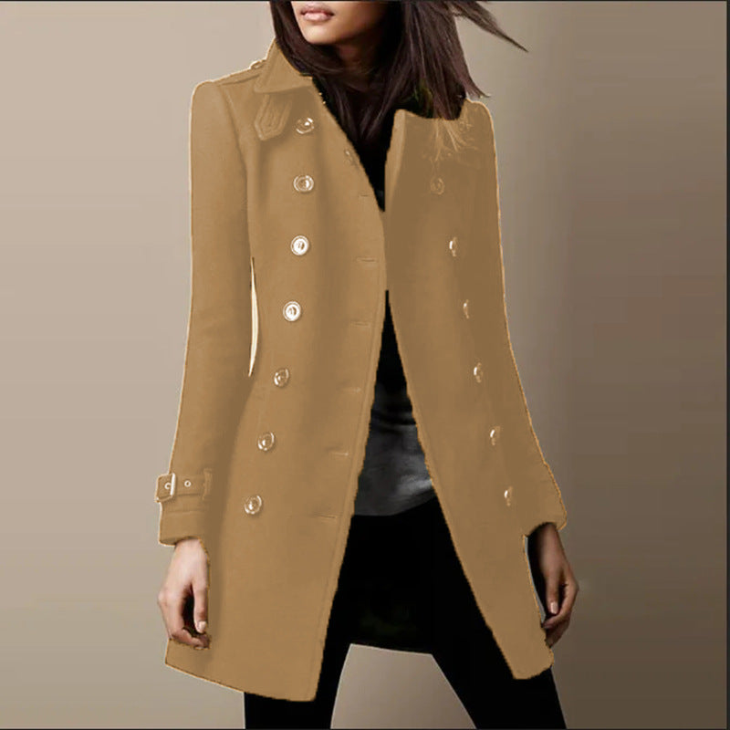 Women's Tailored Double-breasted Wool Coat with Belt Cuffs