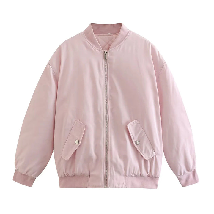 Women's Oversized Bomber Jacket with Stand-up Collar, Zipper and Snap Button Pockets
