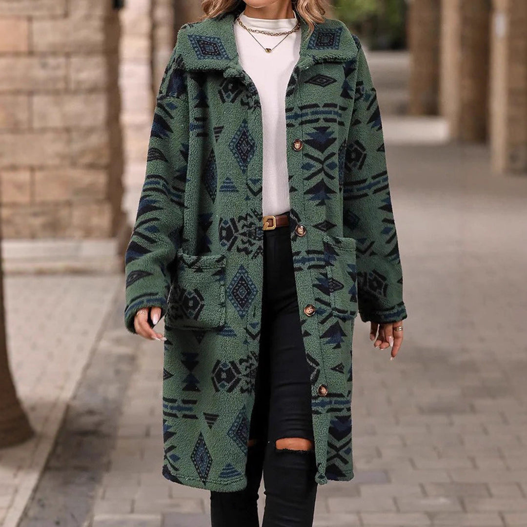 Women Teddy Coat with Aztec Pattern, Button Placket and Patch Pockets