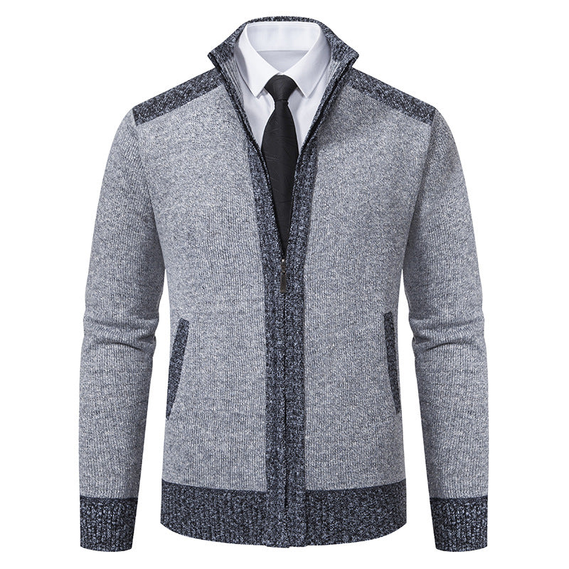 Men's Structured Knit Cardigan with Stand-up Collar and Full Zip
