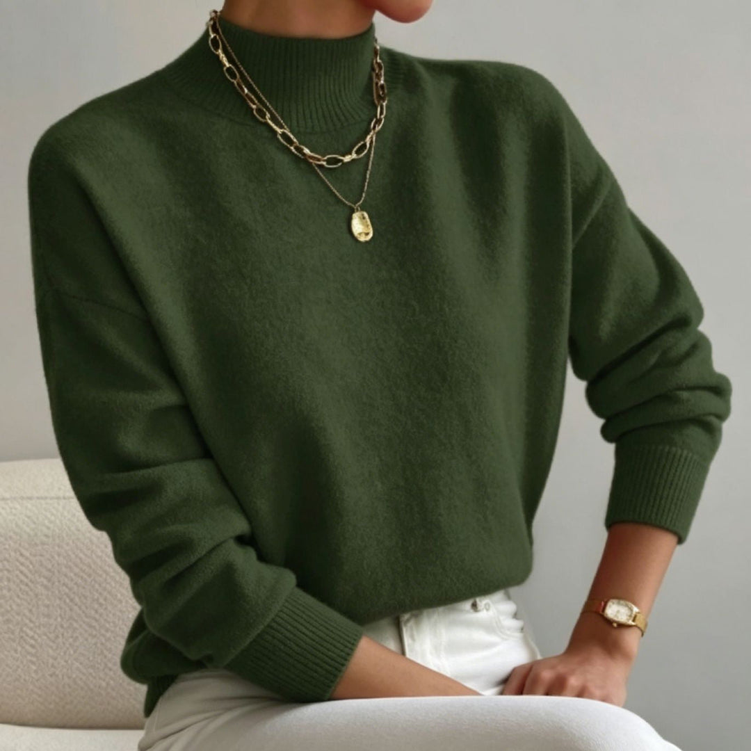 Women's Cozy Fine-knit Pullover with Stand-up Collar and Drop Shoulder