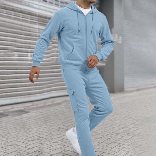 Men's Sporty Zip Sweat Set with Cargo Joggers, Ergonomic Seams, and Ribbed Cuffs