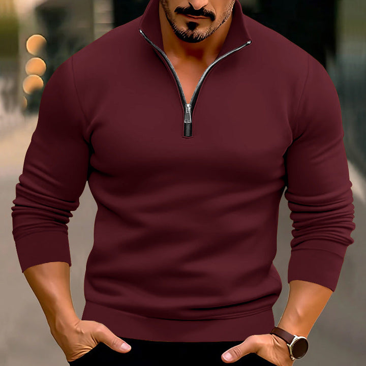 Men's Fitted Fine Knit Pullover with Short Zipper and Stand-up Collar