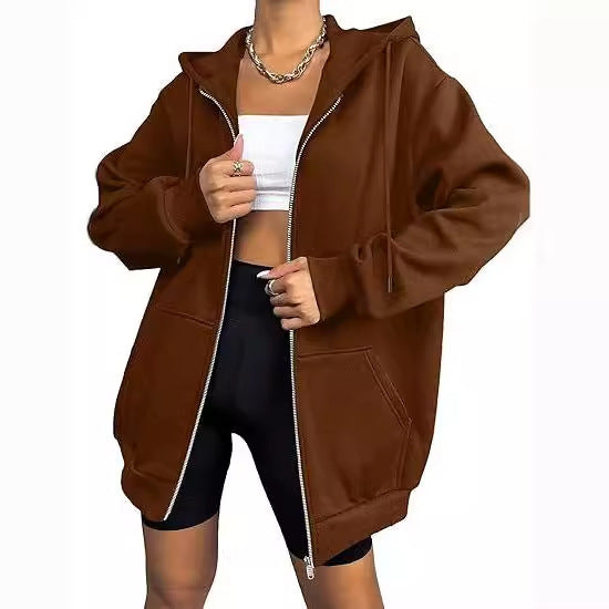 Women's Oversized Zip Hoodie with Contrasting Zipper, Double-layered Hood and Kangaroo Pocket