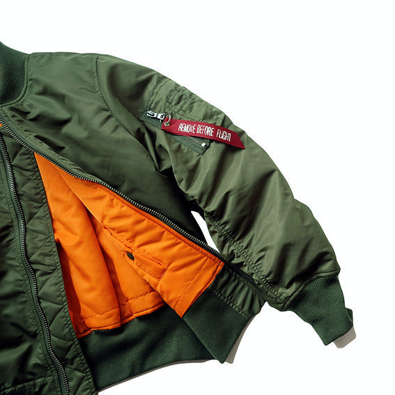 Men's Flight Bomber Jacket with Contrasting Inner Lining, Utility Arm Pocket, and Ribbed Cuffs