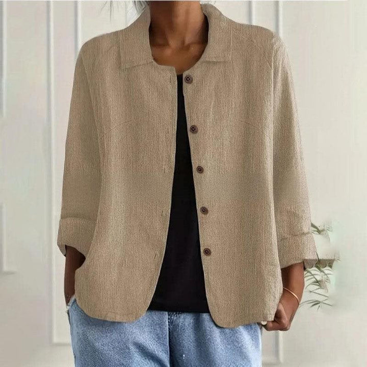 Women's Oversized Linen Shirt Jacket with Shirt Collar, 3/4 Sleeves and Continuous Button Placket