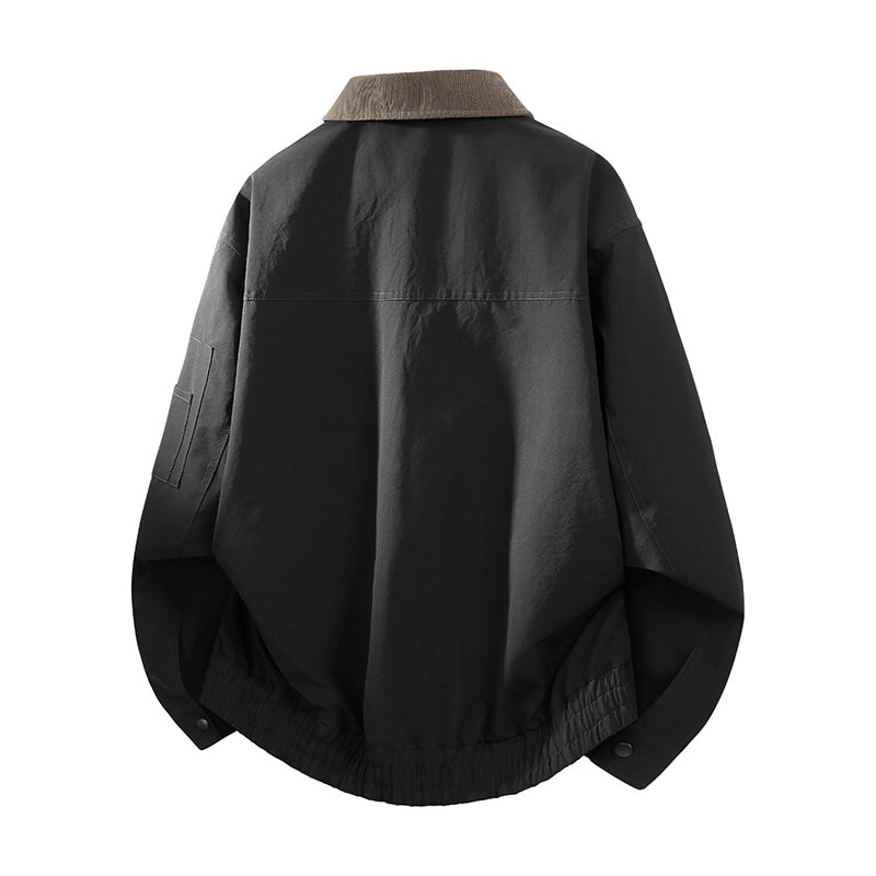 Men's Oversized Bomber Jacket in Worker Style with Cord Collar, Flap Pockets, and Elastic Hem