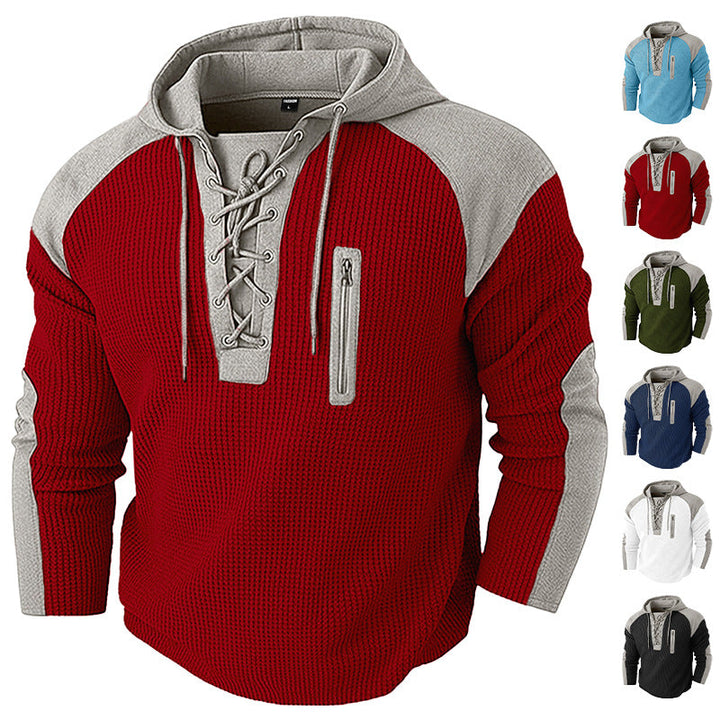 Men's Hoodie with Lacing Trim and Vertical Zipper Chest Pocket
