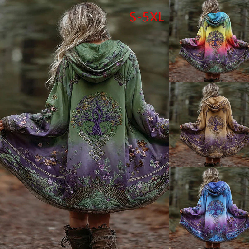 Women's Boho Hooded Coat in Swing Cut with Tree Motif and Gradient