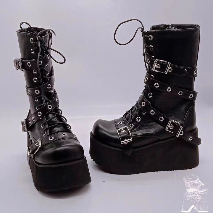 Women's Platform Combat Boots with Buckles, Eyelets, Lacing, and Side Zipper