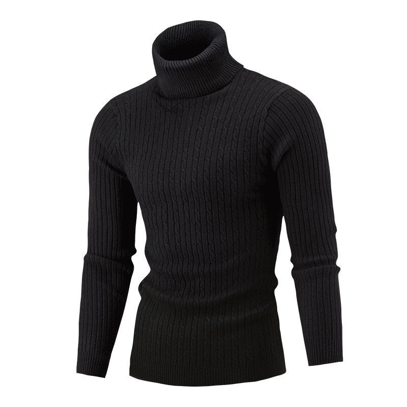 Men's Ribbed Turtleneck Sweater with Cable Knit Pattern and Form-fitting Slim-fit Silhouette