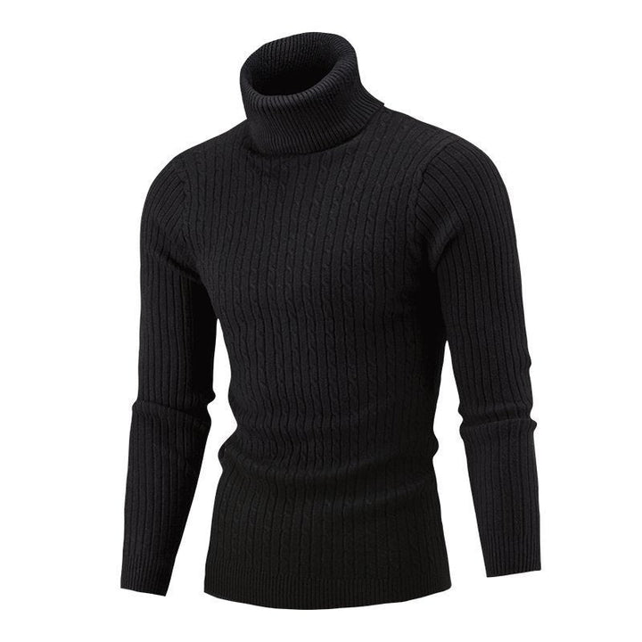 Men's Ribbed Turtleneck Sweater with Cable Knit Pattern and Form-fitting Slim-fit Silhouette