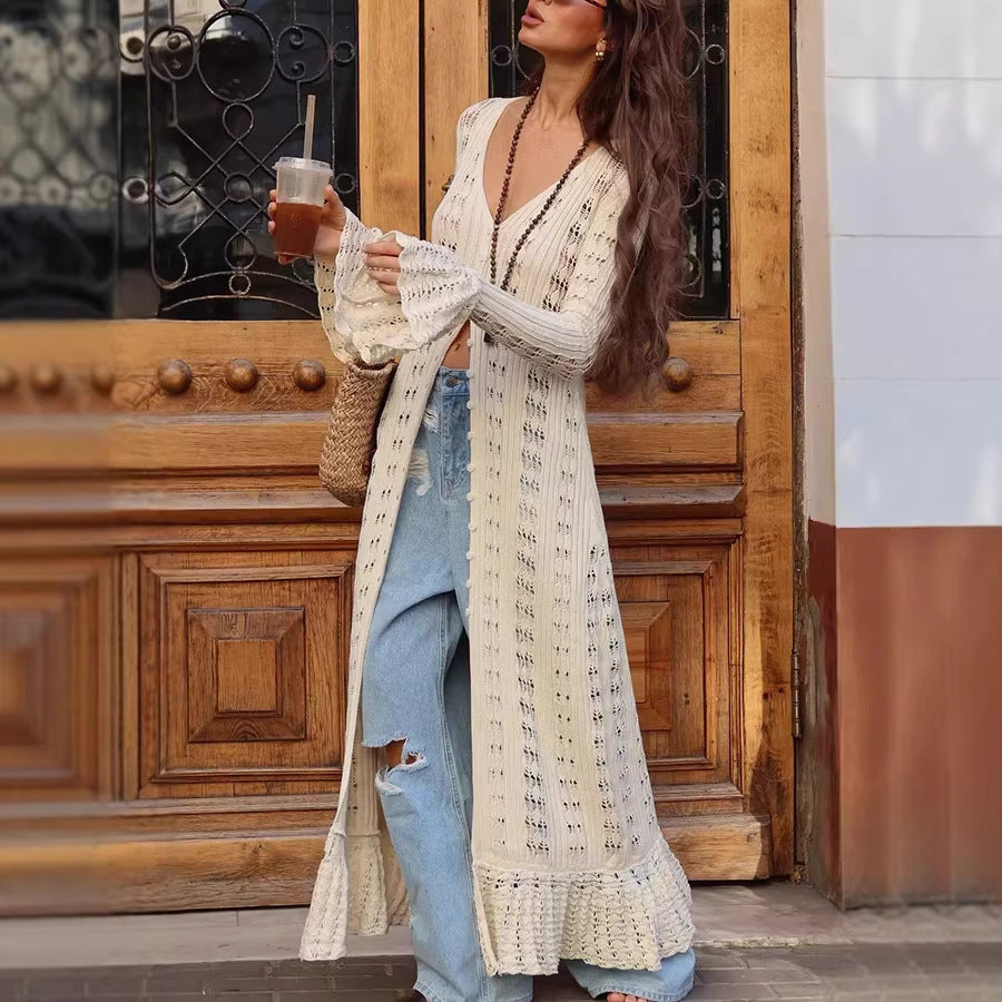 Women Long Crochet Knit Cardigan with Bell Sleeves and Open Front