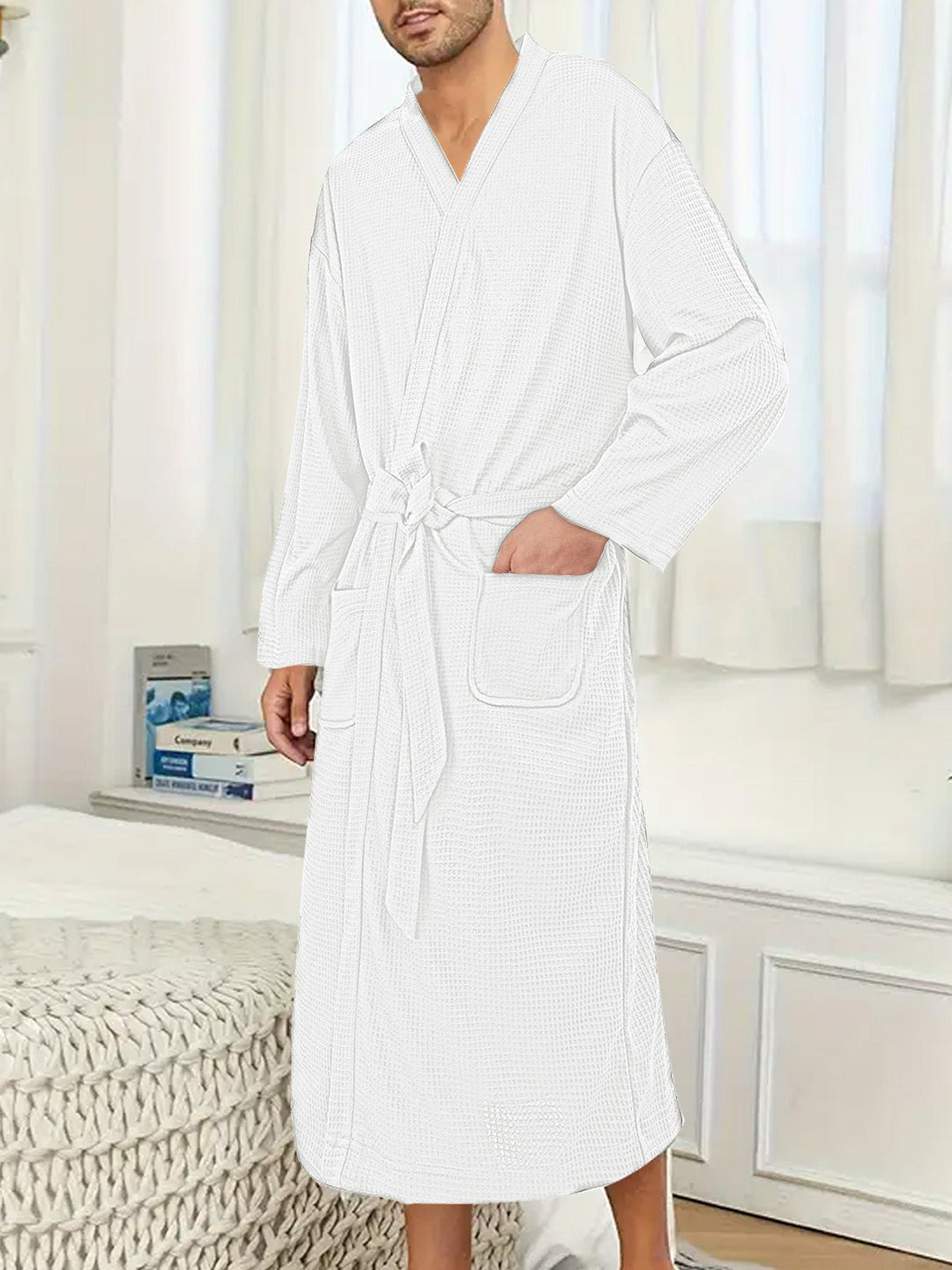 Men's Lightweight Cotton Kimono Bathrobe with Waffle Texture and Patch Pockets