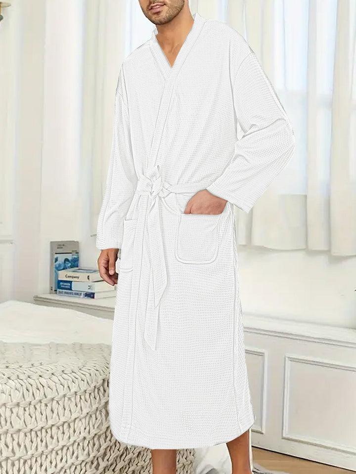 Men's Lightweight Cotton Kimono Bathrobe with Waffle Texture and Patch Pockets