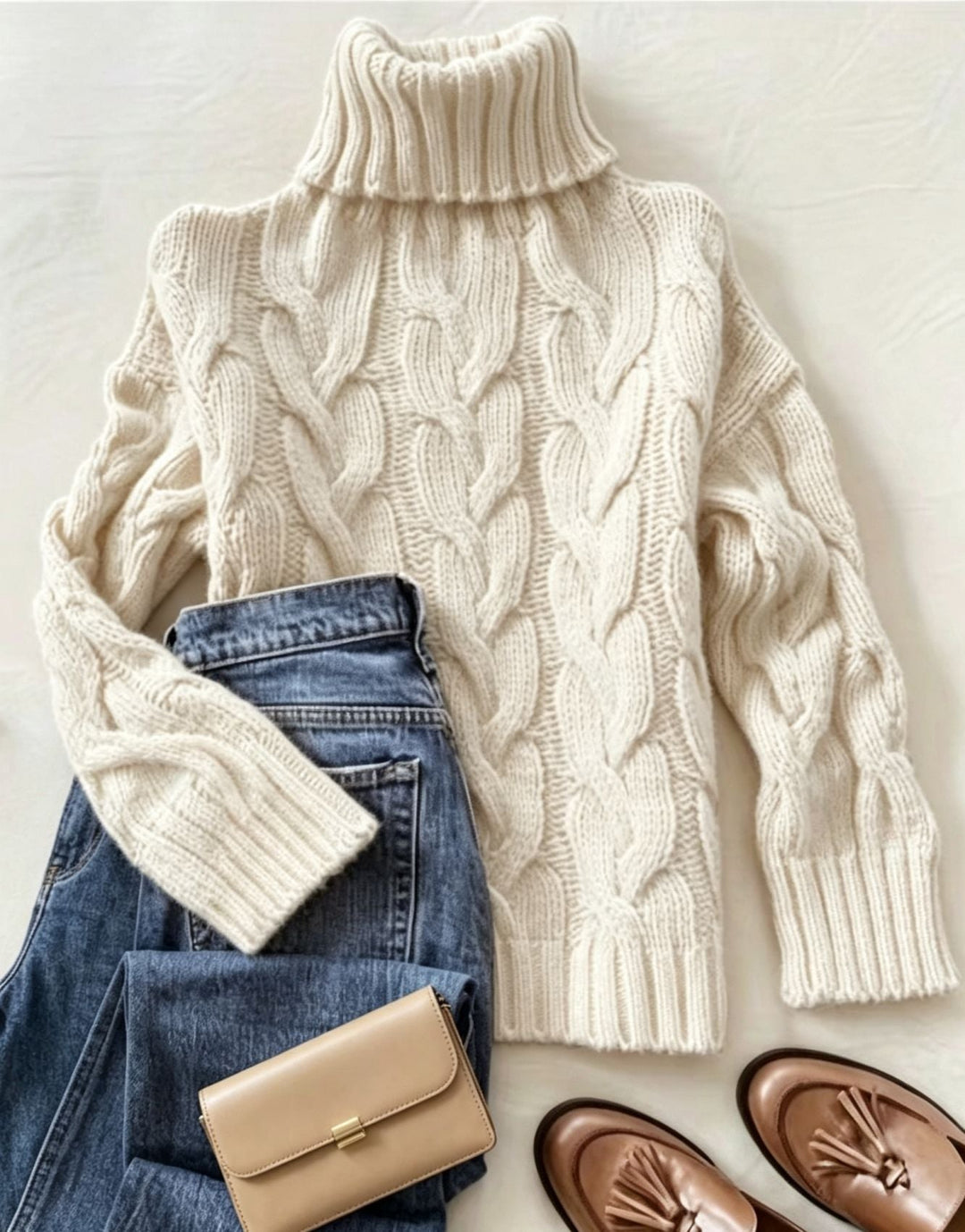 Women's Chunky Knit Turtleneck Sweater with Distinctive Cable Patterns and Ribbed Cuffs