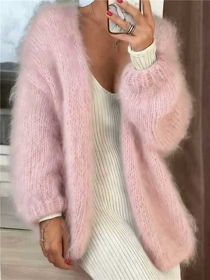 Women's Fluffy Oversize Mohair-Optic Cardigan with Open Cut and Balloon Sleeves