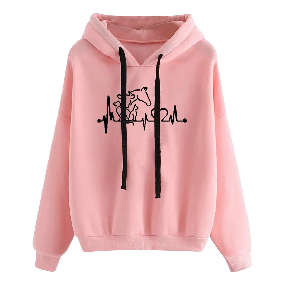Women Light Oversized Hoodie with Heart EKG Motif, Long Cords and Elastic Cuff