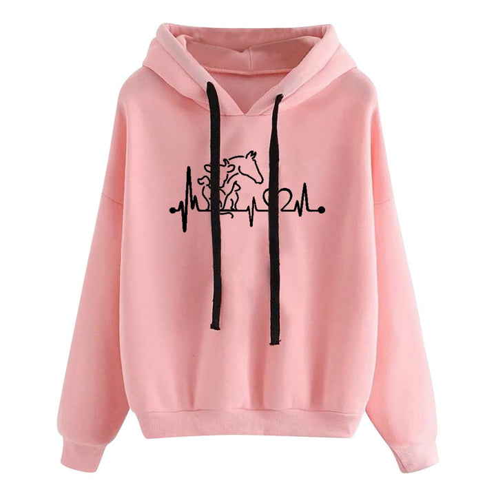 Women Light Oversized Hoodie with Heart EKG Motif, Long Cords and Elastic Cuff