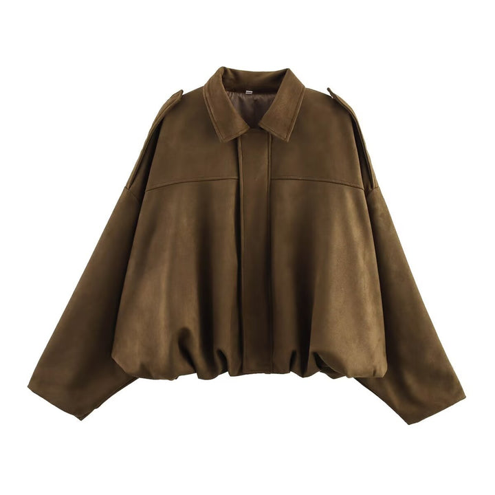 Women Oversized Suede Bomber Jacket with Shoulder Epaulettes