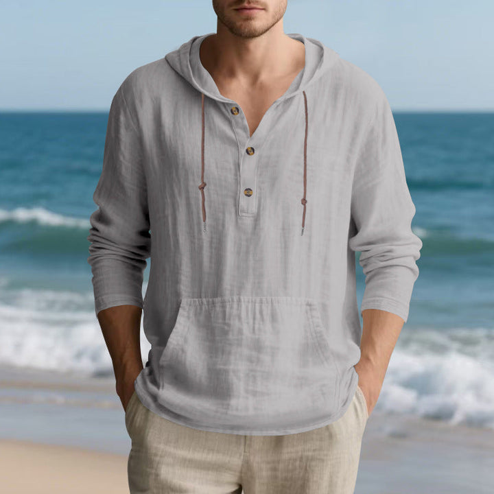 Men's Lightweight Hooded Henley made of Linen-cotton Blend with Kangaroo Pocket and Button Placket