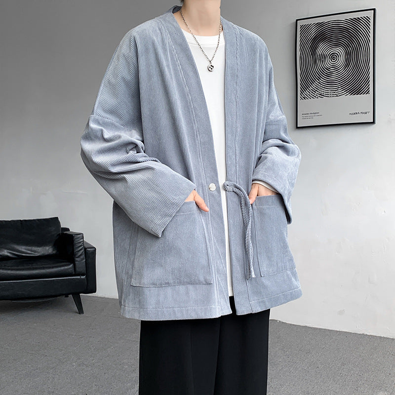 Men's Oversized Cord Kimono Cardigan with Drawstring, Patch Pockets and Drop Sleeves