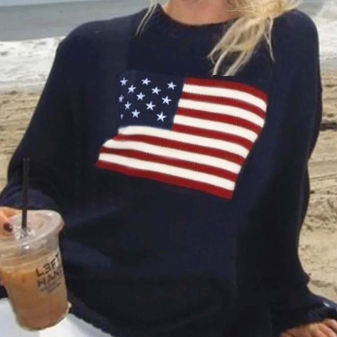 Women's Knitted Sweater with American Flag Motif
