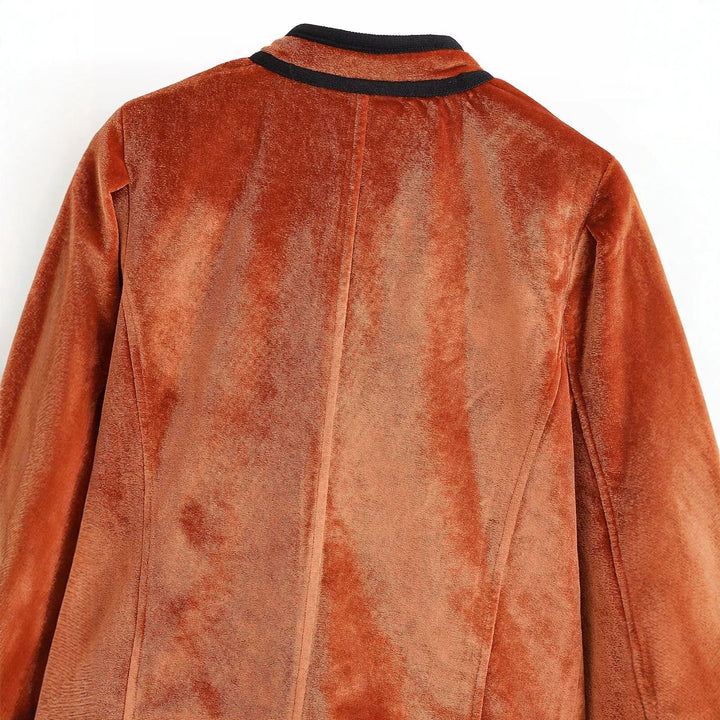 Women's Velvet Blazer-style Jacket with Stand-up Collar and Covered Buttons