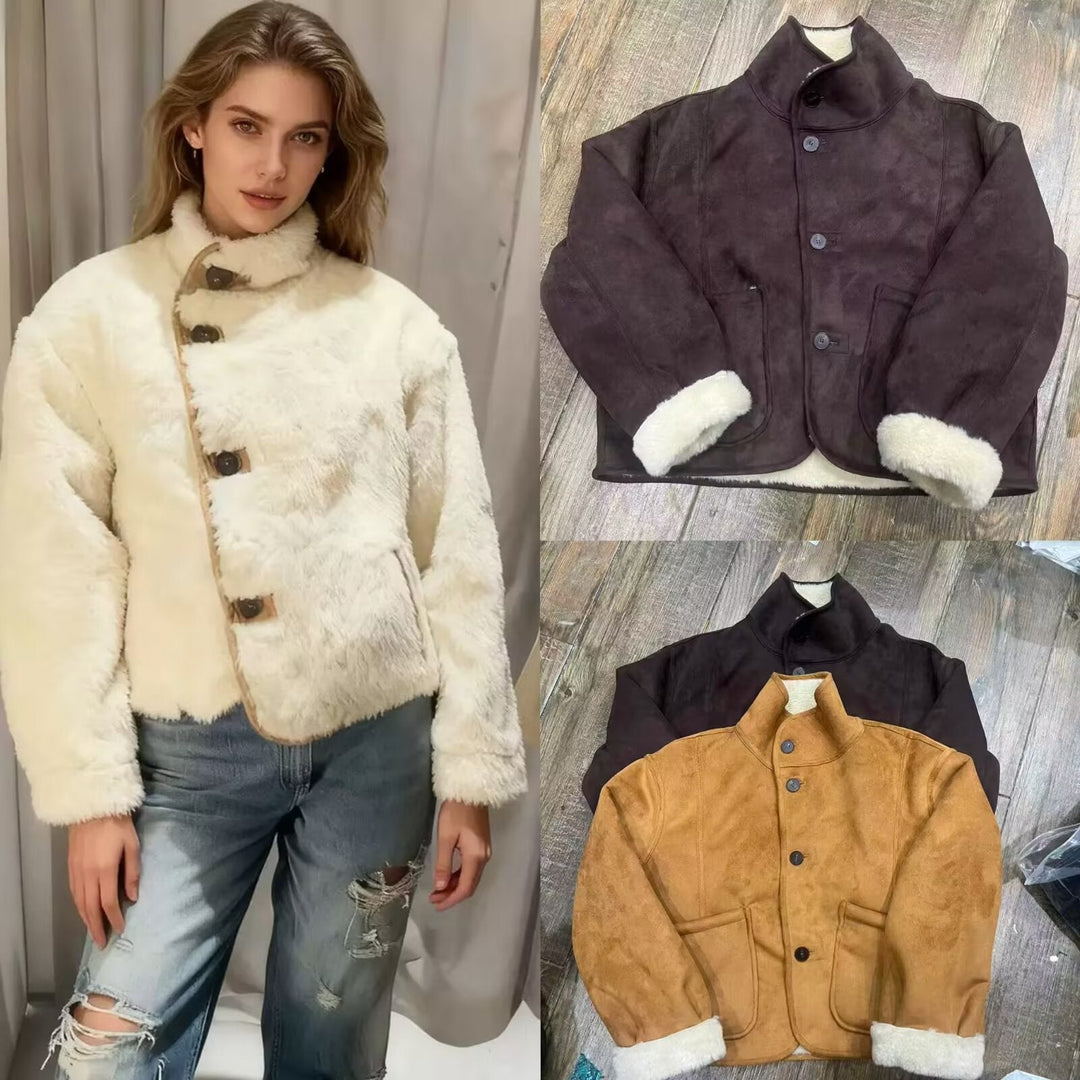 Women's Short Sheepskin Look Jacket with Stand-Up Collar and Large Patch Pockets
