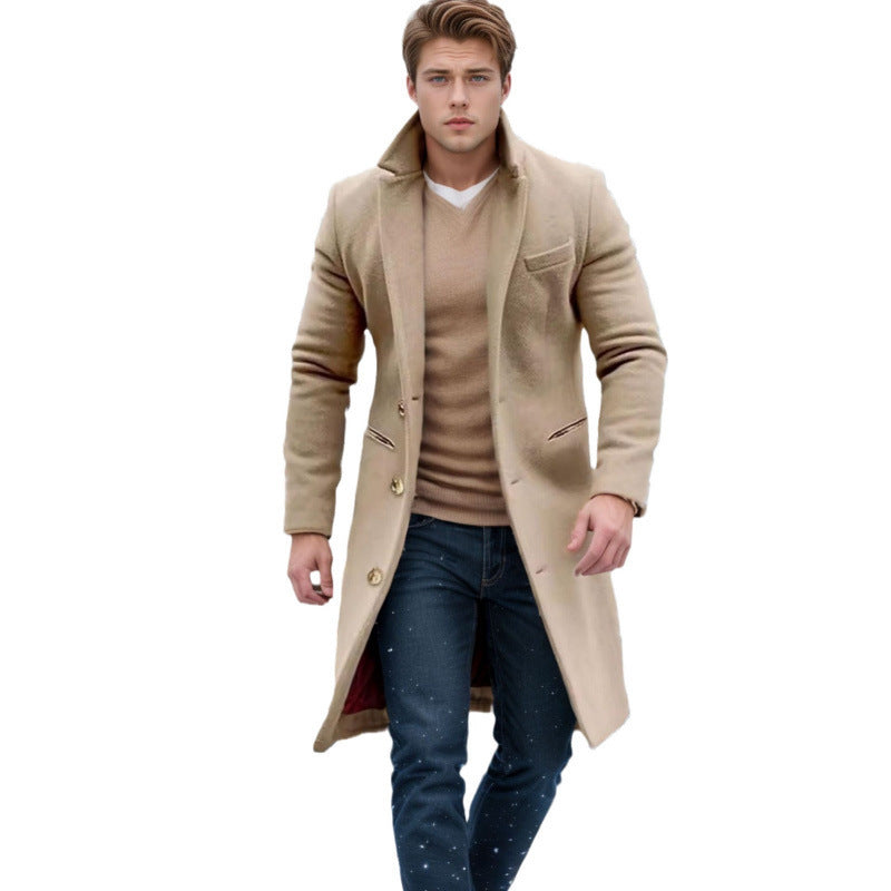 Men's Elegant Single-Breasted Long Coat made of Wool Blend with Slim Silhouette and Lapel Collar