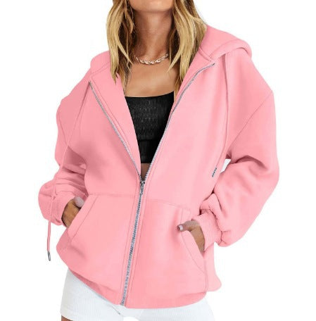 Women's Oversized Zip Hoodie with Contrasting Zipper, Double-layered Hood and Kangaroo Pocket