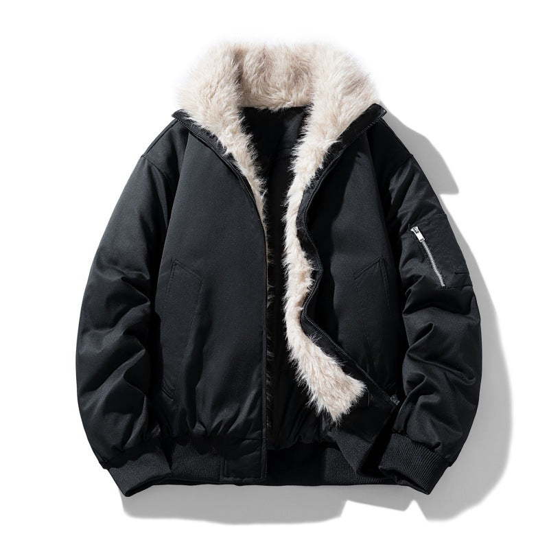Men's Nappa Padded Bomber Jacket with Synthetic Fur Collar and Windproof Insulation