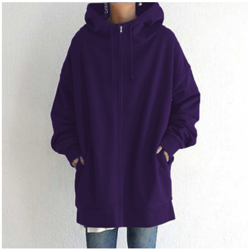 Women's Oversized Hooded Long Pullover with Zipper and Side Pockets