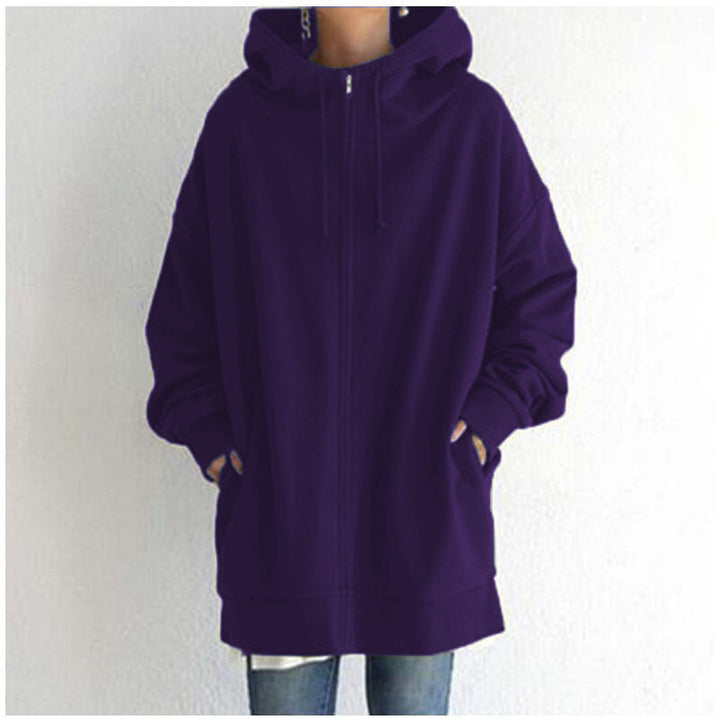 Women's Oversized Hooded Long Pullover with Zipper and Side Pockets