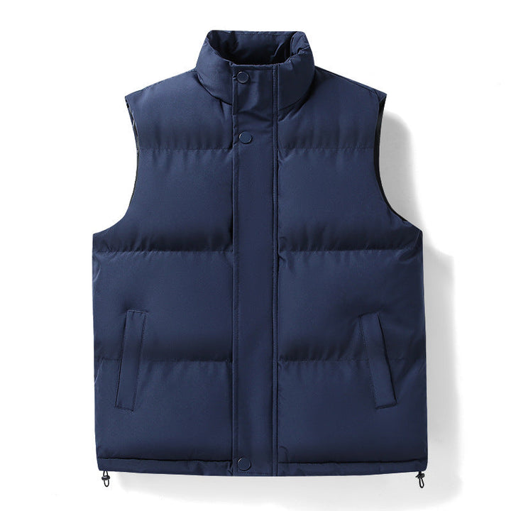 Men's Warm Quilted Outdoor Vest with High Stand-up Collar, Concealed Snap Placket, and Adjustable Hem