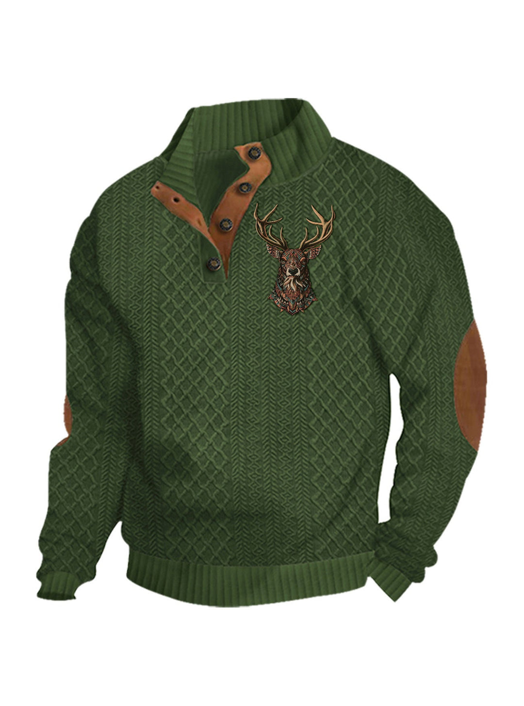 Men's Heritage Textured Pullover with Stand-up Collar Faux Leather Trim Elbow Patches and Half-button Placket