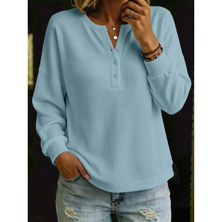 Women's Waffle Knit Henley Sweater with Oversized Cut