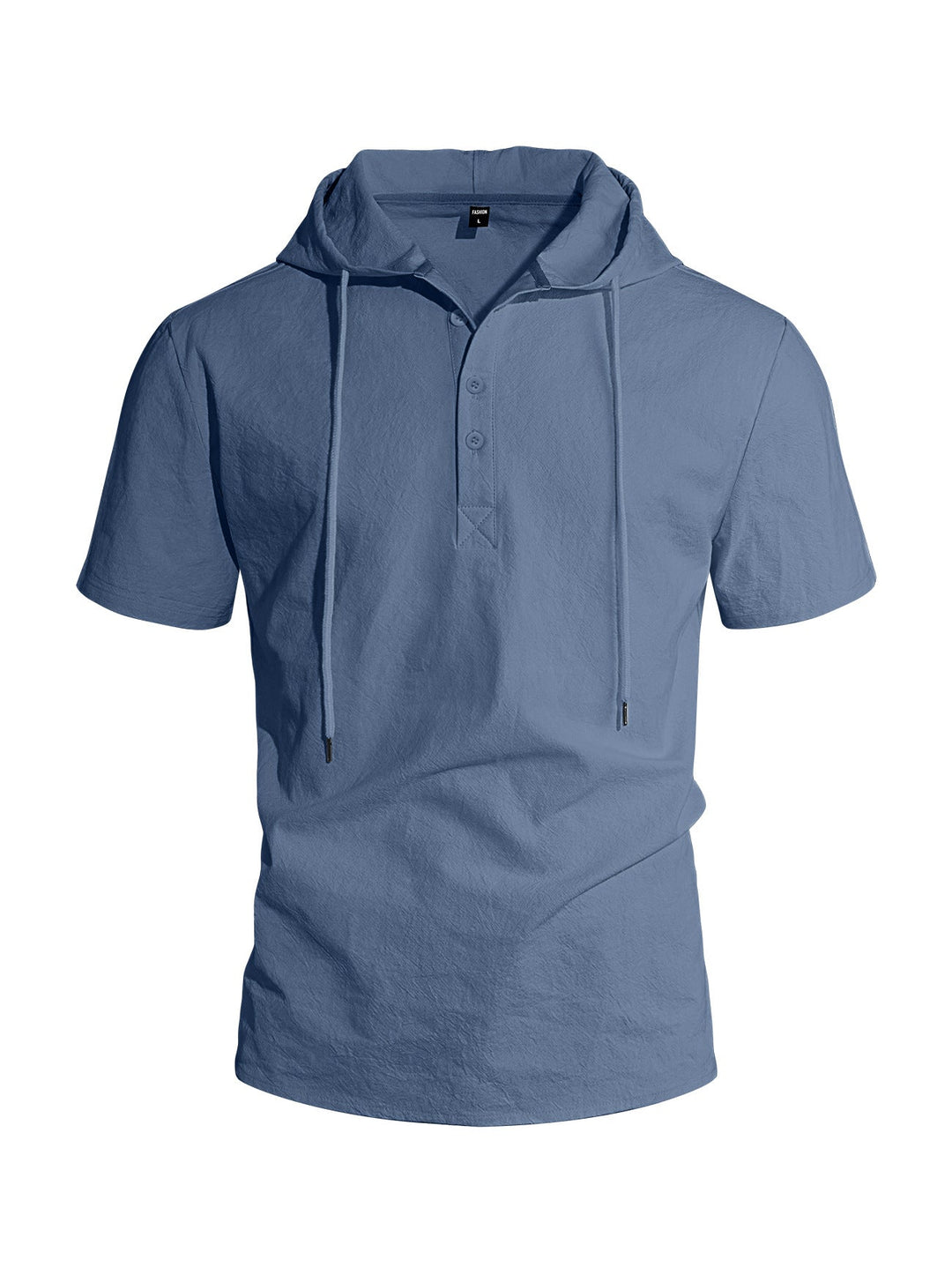 Men's Short-sleeved Hooded Henley made of Slub Cotton with Concealed Button Placket and Drawstring
