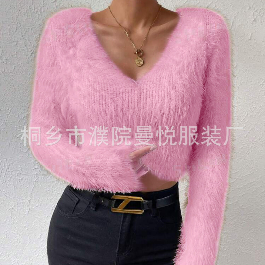 Women's Fluffy Crop Sweater with V-Neck and Eyelash Structure