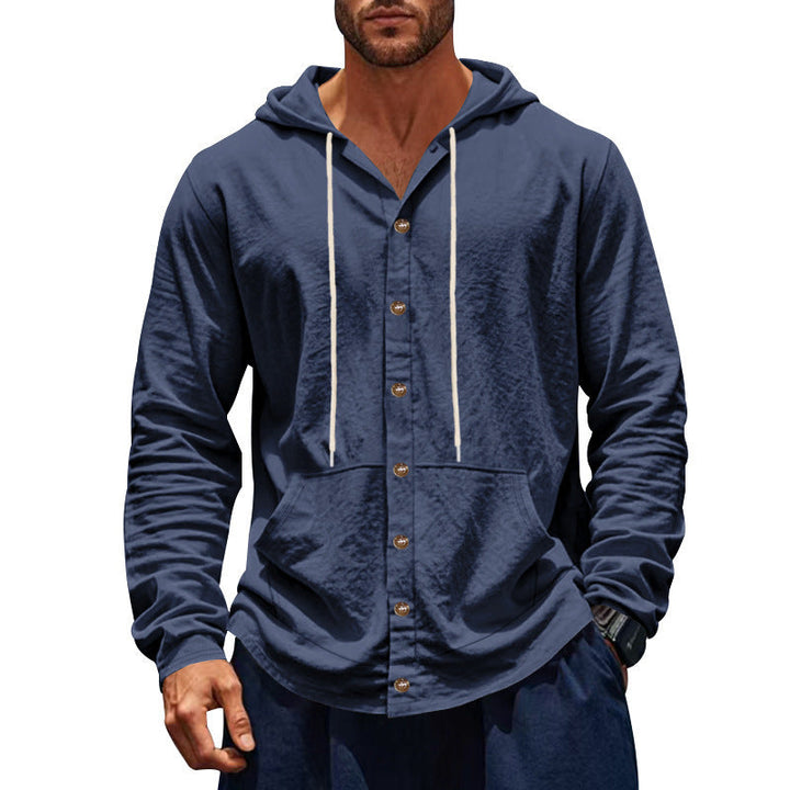 Men's Slim-fit Hoodie Cardigan with Full Button Placket, Mounted Kangaroo Pocket, and Lightweight Structured Knit