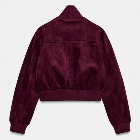 Women's Short Suede Bomber Jacket with High Ribbed Collar, Elastic Hem and Patch Pockets