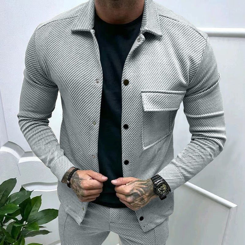 Men's Slim Ribbed Structure Overshirt Jacket with Snap Button Closure and Chest Flap