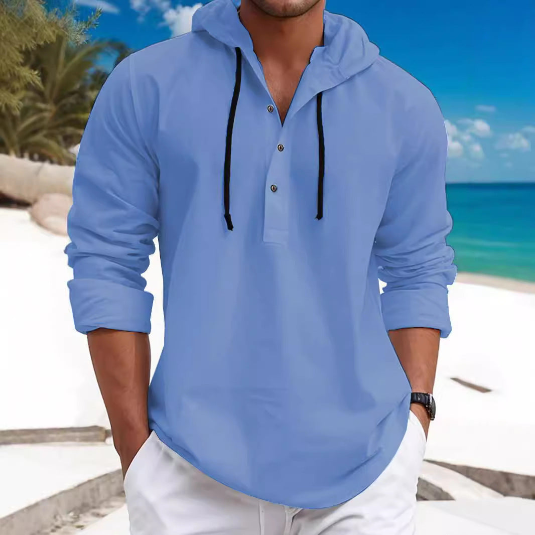 Men's Summer Hoodie Henley with Hidden Button Placket, Drawstring and Rounded Hem