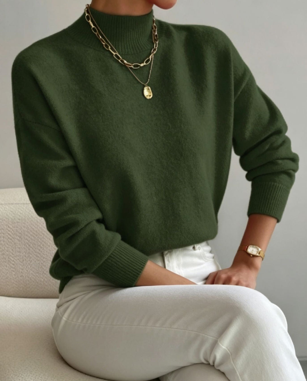 Women's Cozy Fine-knit Pullover with Stand-up Collar and Drop Shoulder