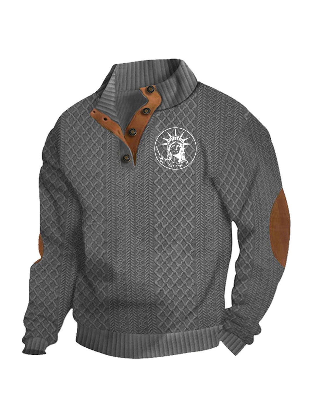 Men's Heritage Textured Pullover with Stand-up Collar Faux Leather Trim Elbow Patches and Half-button Placket