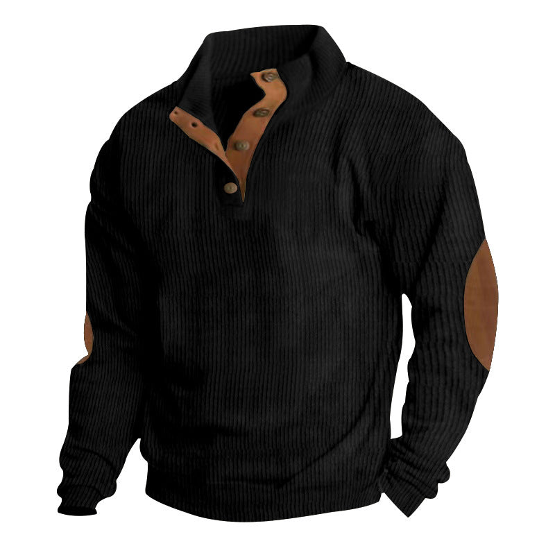 Men's Ribbed Henley Sweater with Stand Collar, Button Placket & Leather Elbow Patches