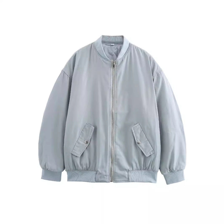 Women's Oversized Bomber Jacket with Stand-up Collar, Zipper and Snap Button Pockets