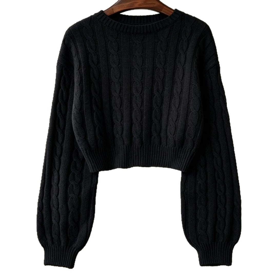 Women Cropped Cable Knit Sweater with Boxy Silhouette and Balloon Sleeves